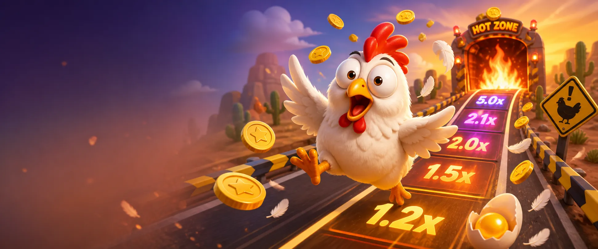 Dynamic promotional banner for Chicken Road slot game, featuring bright arcade visuals with chickens, eggs, and coins on a ro